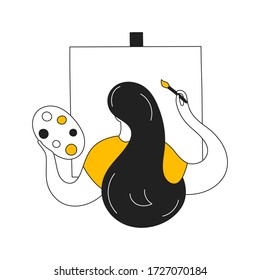 Artist or illustrator at work, design, creation of artwork. Girl draws with a brush on an easel, view from the back. Flat thin line vector icon on white.