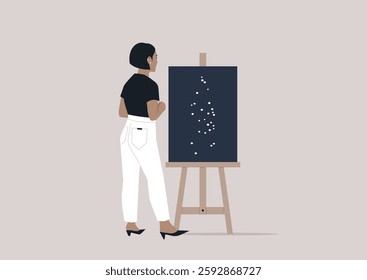 An artist immerses themselves in a vibrant creative space, deeply engaged in painting on the easel, creating ideas and drawing inspiration for their future work