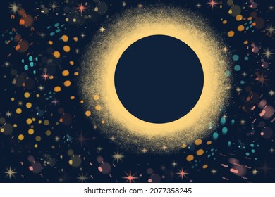 Artist interpretation of solar eclipse. Vector Illustration of solar eclipse on a dark background with colorful sparkling stars.