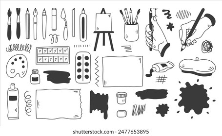 Juego de Doodle de Artículos de Artista. Colección de los iconos y símbolos de la línea de creatividad de pintura. Profesional y hobby equipo suministros cepillo lápiz tinta tubo gesto de la mano