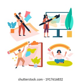 Artist, journalist, content manager, copywriter profession employee people set. Vector flat graphic design illustration