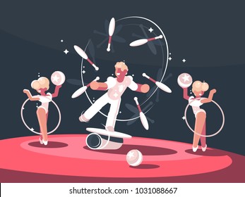 Artist Juggler In Circus Arena. Man Juggling On Stage. Vector Illustration