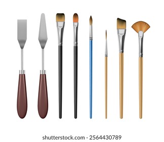 Artist kit for painting on canvas, isolated realistic knife and spatula for strokes. Vector 3d brushes with different bristle thicknesses. Equipment for art school or lessons in university