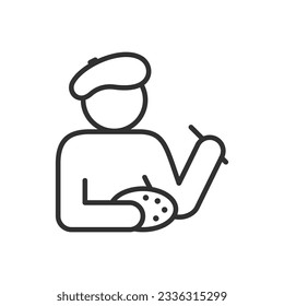 Artist, linear icon. A man with a palette and a brush in a beret. Line with editable stroke