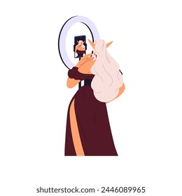 Artist makes elf cosplay back view. Creator stand front of smartphone, record video for blog. Creative blogger creates content, takes photo for social media. Flat isolated vector illustration on white