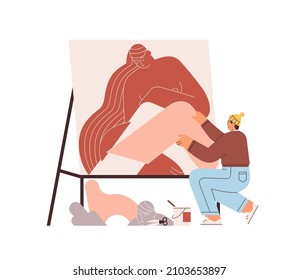 Artist making collage picture, composing it with papers and scissors. Person creating artwork on canvas. Modern creator during craft process. Flat vector illustration isolated on white background