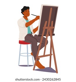 Artist Male Character, Immersed In Creativity, Applies Vibrant Strokes To A Canvas On An Easel, Bringing A Masterpiece To Life In A Studio Filled With Inspiration. Cartoon People Vector Illustration