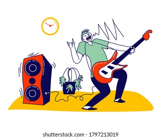 Personaje artístico masculino jugando al Amp de noche en el apartamento. Jóvenes músicos entrenando antes del concierto tocando instrumento de guitarra eléctrica con equipo de dinámica, vecino ruidoso. Ilustración de vectores lineales