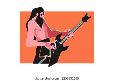 Personaje artístico masculino tocando sobre la ilustración vectorial de la guitarra del bajo. Entrenamiento de músicos de bajo nivel antes de tocar guitarra eléctrica