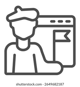 Artist man with flag and website window line icon, NFT multiverse concept. Vector graphics. Famous person public site sign on white background, outline style icon for mobile or web design