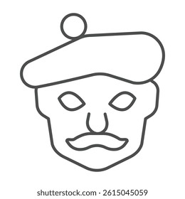 Artist man head with hat thin line icon, exhibition concept. Vector graphics. Face of artist, public person sign on white background, outline style icon for mobile or web design