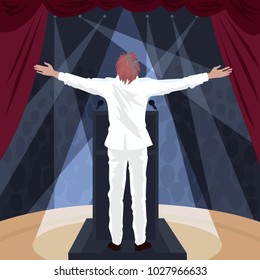 Artist, man in white suit standing on stage of theater with raised open arms outstretched. In hall crowd of spectators. Back view. Simplistic realistic comic art style. Vector illustration