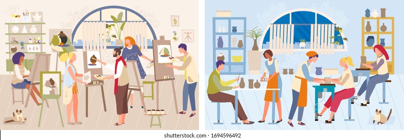 Artist master class vector illustration. Cartoon man woman painter character training, people drawing pot model in artistic classroom, potter student craft pottery. Flat art workshop landing page set