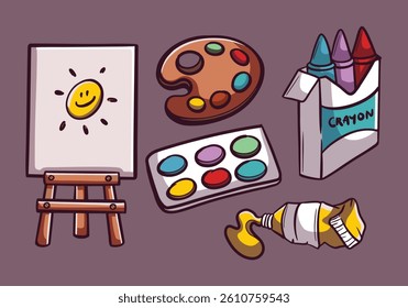 Artist material elements. Artist tools cartoon collection