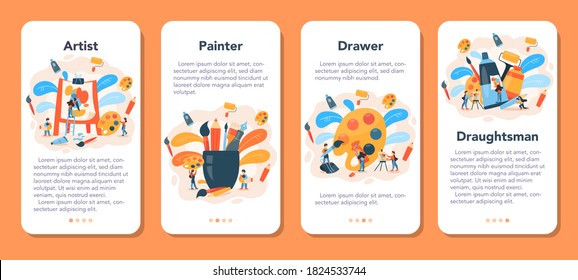 Artist mobile application banner set. Idea of creative people and profession. Artist standing in front of big easel or screen, holding a brush and paints. Isolated flat vector illustration