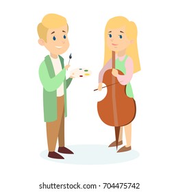 Artist and musician. Man with paint brush and woman with cello on white background.