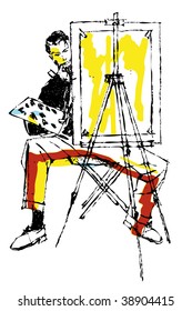 Artist on the plain air vector illustration drawing. Artist at work in open air making sketches.