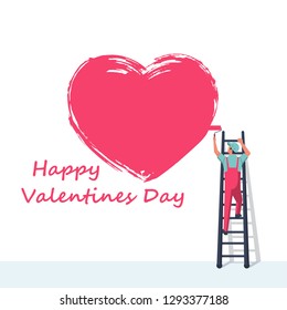 Artist on the stairs draws big red heart on wall. Grunge stroke. Symbol of love. Greeting cards for Valentine's Day. Painted with brush. Vector illustration flat design. Isolated on white background.