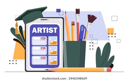 Artist online platform. Pencils and brushes in plastic cup. Graphic designer and freelancer portfolio on internet. Earnings on internet. Cartoon flat vector illustration isolated on white background