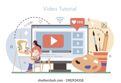 Artist online service or platform. Professional illustrator in front of big easel or screen, holding a brush and paints. Video tutorial. Flat vector illustration