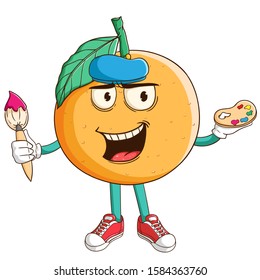 Artist of orange fruit cartoon character holding a paintbrush and palette with funny smile face