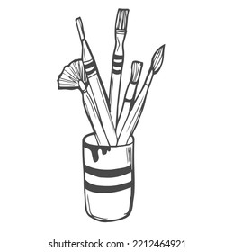 Artist paint brushes in a cup. Vector sketch illustration.
