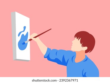 the artist paint on canvas using a brush. side view. isolated background. flat style vector illustration.