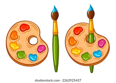 Paleta de pintura artista con brocha, conjunto de iconos de materiales de arte. Pincel con aceite artístico o acuarela. Artículos para pintar. Libro de colorear para niños. Estudio de dibujo educativo. Vector de dibujos animados dibujado a mano