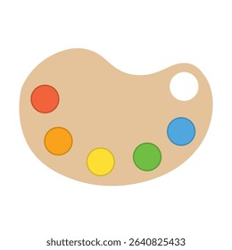 Artist paint palette clip art. Art supplies sticker or label. Wooden art palette featuring rainbow paint colors of red, orange, yellow, green, blue. Flat vector icon for art apps and websites. EPS 10.