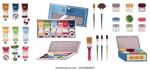 Conjunto de Pintura Artista. Guache, Aquarela e Tubos de Óleo com Escovas em Estilo Plano. Suprimentos de arte profissional para trabalho de estúdio, projetos de sala de aula, passatempos criativos. Ideal para marca de arte, adesivos