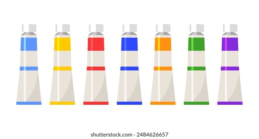 Artist paint tubes different colors isolated on white background.
