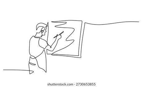 Artista com pincel e tela de desenho de linha contínua única. Hobby de criatividade e ilustração vetorial de expressão artística.