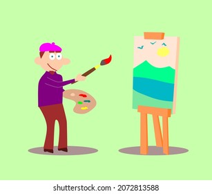 Artist painter with canvas painting a landscape with paints, brush, easel and palette. Cartoon character wearing a beret. Vector illustration isolated on green background.