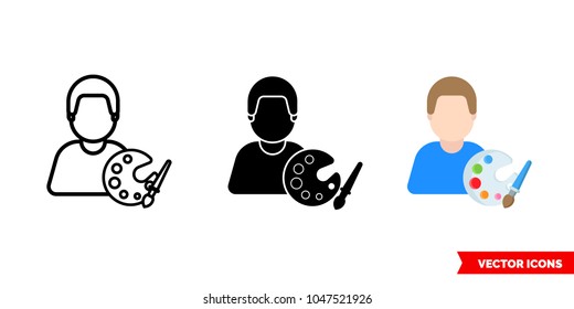 Artist painter icon of 3 types: color, black and white, outline. Isolated vector sign symbol.