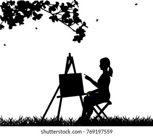 Artist painter woman in park painting silhouette, one in the series of similar images