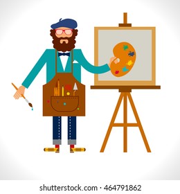 Artist painter at work easel palette flat concept vector template. Hipster guy. Character in modern flat design style. Isolated on white background