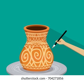 Artist painting ancient tribal pottery, vector design