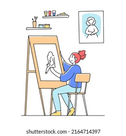 Artist painting at art classroom on easels. Beautiful female model sitting in chair and posing flat vector illustration. Education and workshop concept