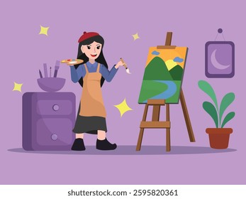Artist Painting a Beautiful Landscape on a Canvas in a Cozy Art Studio.