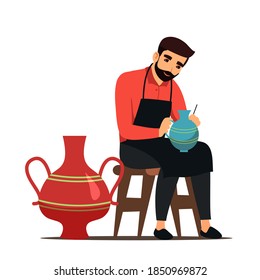 Artist painting ceramics. Small business owner vector illustration. Young man sitting on chair and working on jug in ceramics store or studio isolated on white background.