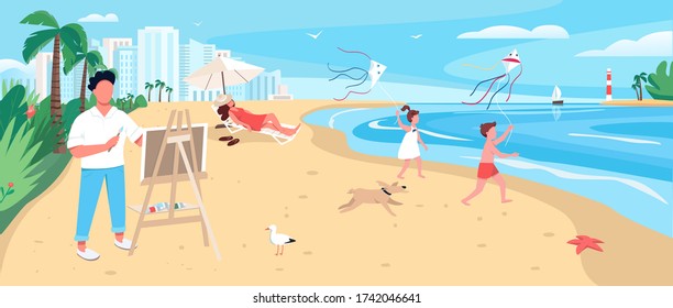 Artist Painting At Exotic Sandy Beach Flat Color Vector Illustration. Outdoor Art Class. Summertime Leisure. People Sunbathing 2D Cartoon Character With Ocean And Resort Town Skyscrapers On Background