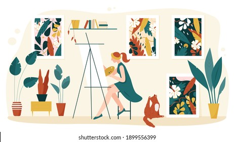 Artist painting at home interior vector illustration. Cartoon woman painter character taking palette, drawing artistic picture on easel, artwork with nature leaves and flowers isolated on white