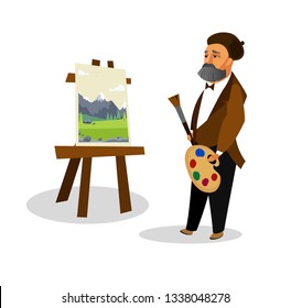 Artist Painting Landscape Cartoon Illustration. Aged Painter With Art Supplies Near Easel. Creative Man With Grey Beard In Beret. Grandfather, Retired Vector Character. Isolated Design Element