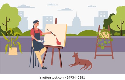 Artista pintando cuadro paisajístico sobre lienzo, caballete. Pintor con paleta de pintura y dibujo de pincel. Mujer creativa en delantal crea obras de arte. Proceso de creación. Ilustración vectorial plana.