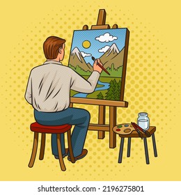 artist painting landscape pop art retro vector illustration. Comic book style imitation.
