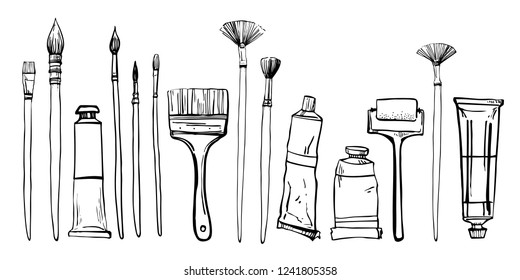 Artist painting materials. Hand drawn stylized sketch vector illustration. Brushes and pain tubes. Black outline grphic on white background