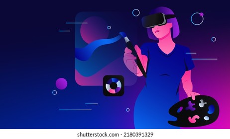 Artist Painting in Metaverse. Virtual Reality Art Illustration. Vector illustration