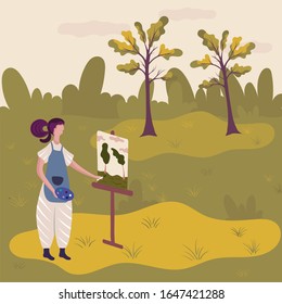 Artist painting nature landscape in plein air, vector illustration. Woman painter cartoon character at easel with art palette and paintbrush. Female artist painting trees in nature, creative hobby