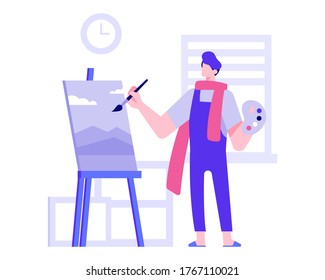 An artist is painting on canvas at home illustration concept