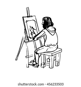 Artist painting on canvas. Painter at work easel palette sketch vector illustration.